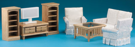 Dollhouse Miniature Oak Living Room, 8pc